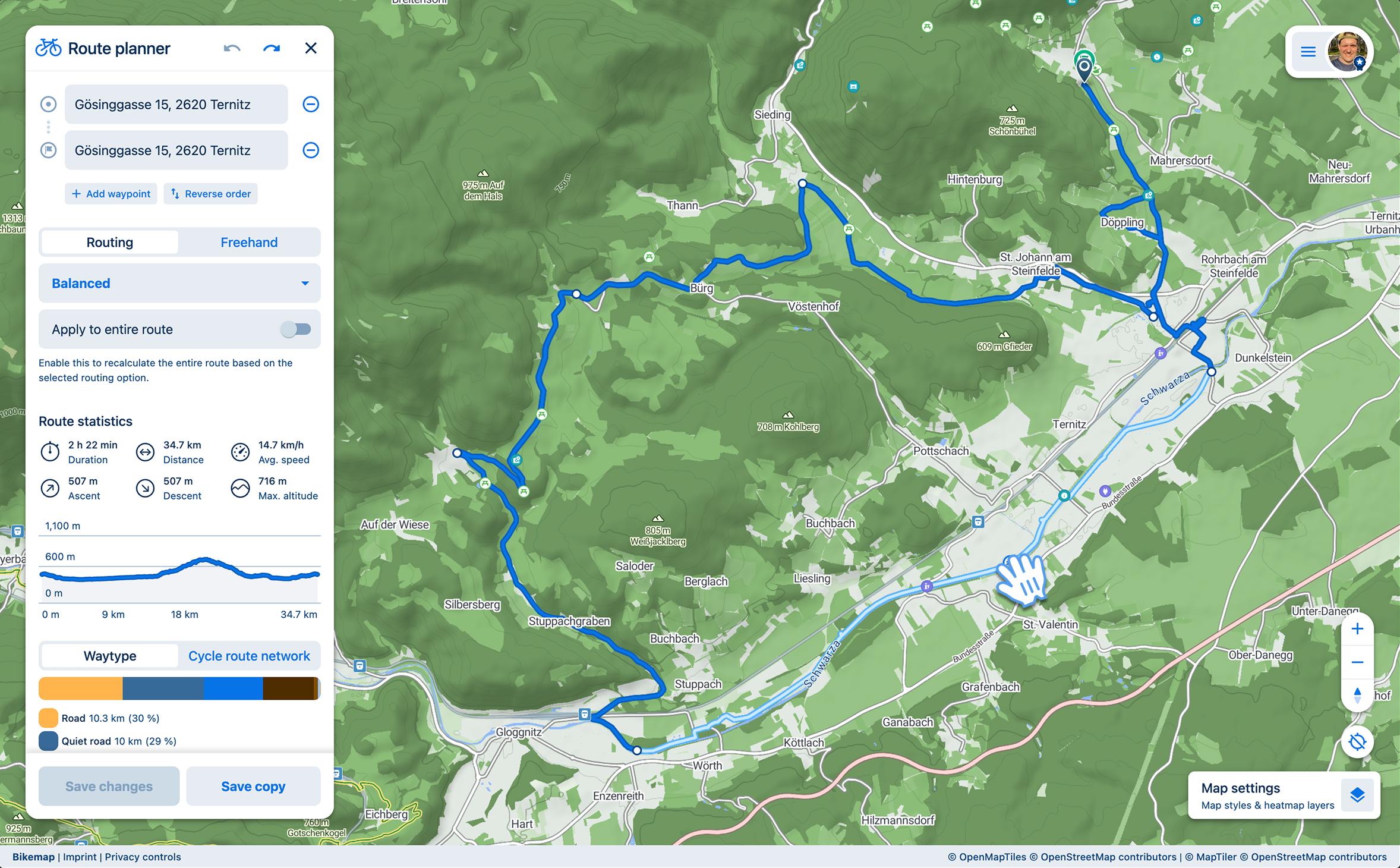 A route with multiple control points and segments in the Bikemap route planner